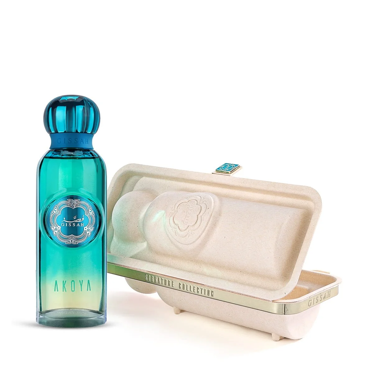 Gissah Akoya Eau De Parfum 200ml beside opened luxury presentation case UK