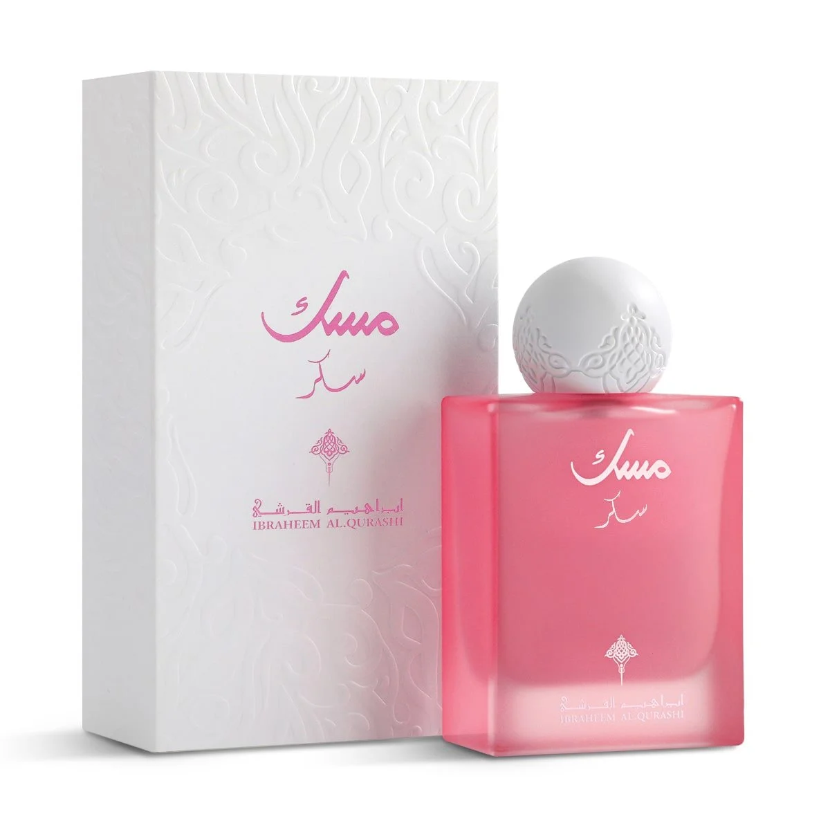 Sugar Musk perfume by Ibraheem Al Qurashi displayed beside its elegant box – Arabian unisex fragrance available at Al Rashid Galleria UK.