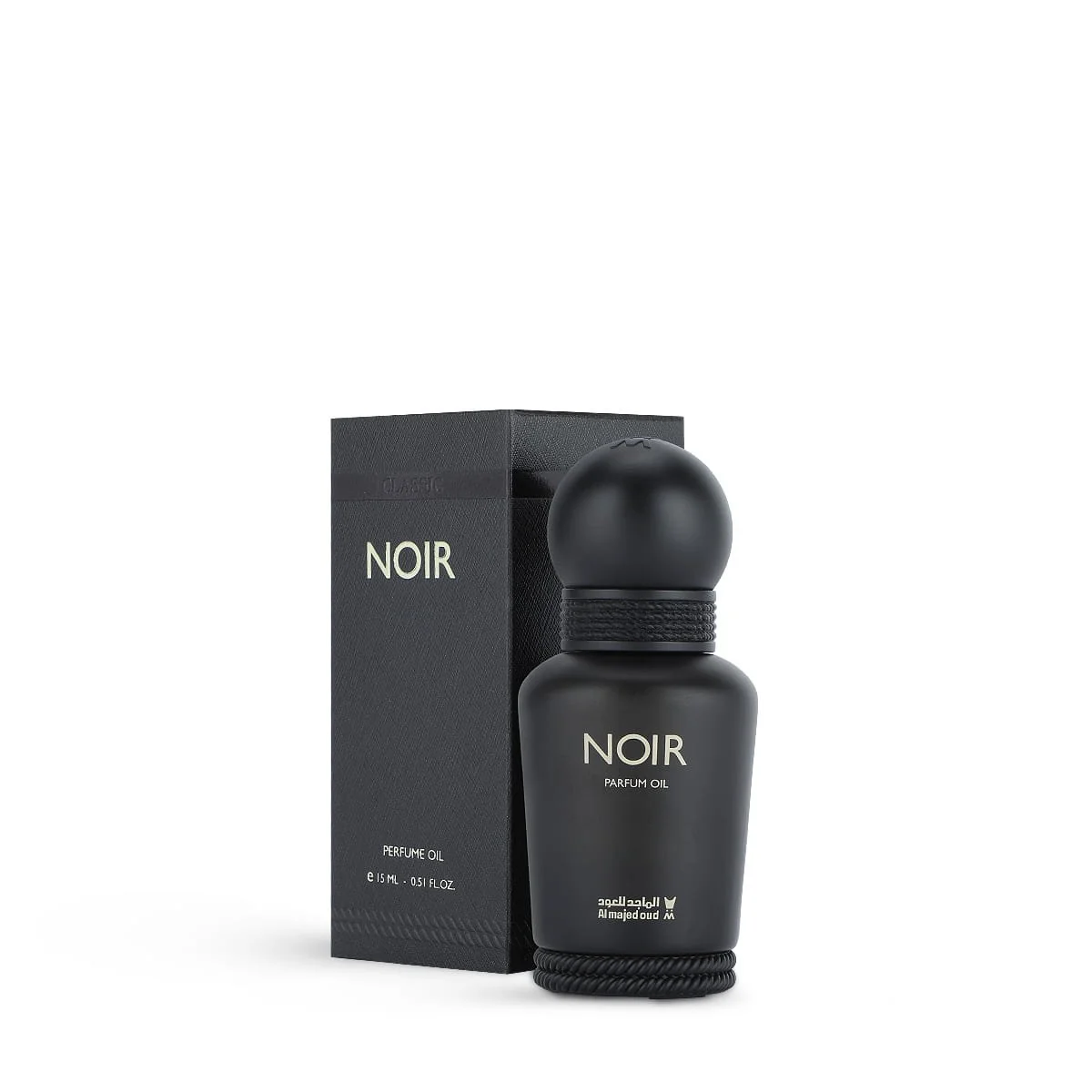 Al Majed Oud Noir parfum oil 15ml next to box, luxury fragrance oil UK