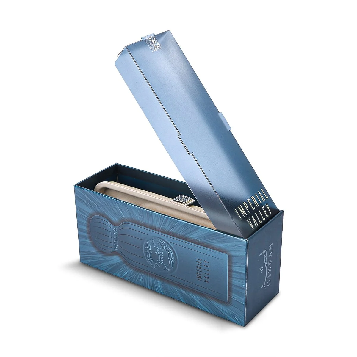 Gissah Imperial Valley perfume box slightly open, premium luxury fragrance packaging UK