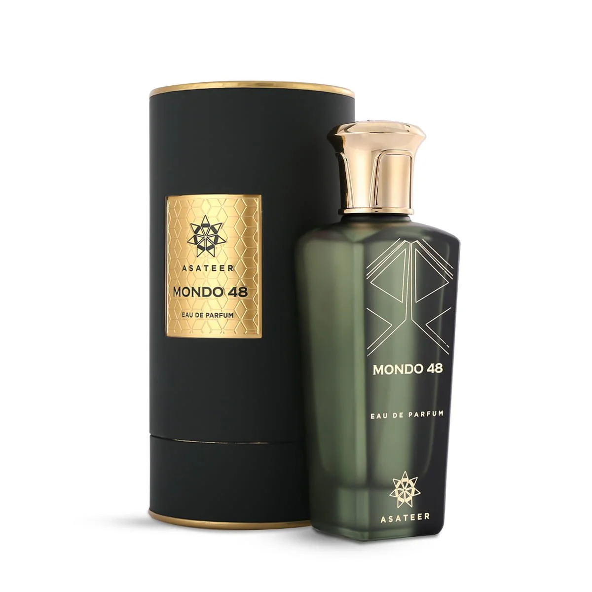 Asateer Mondo 48 Eau De Parfum 80ml next to luxury branded box UK