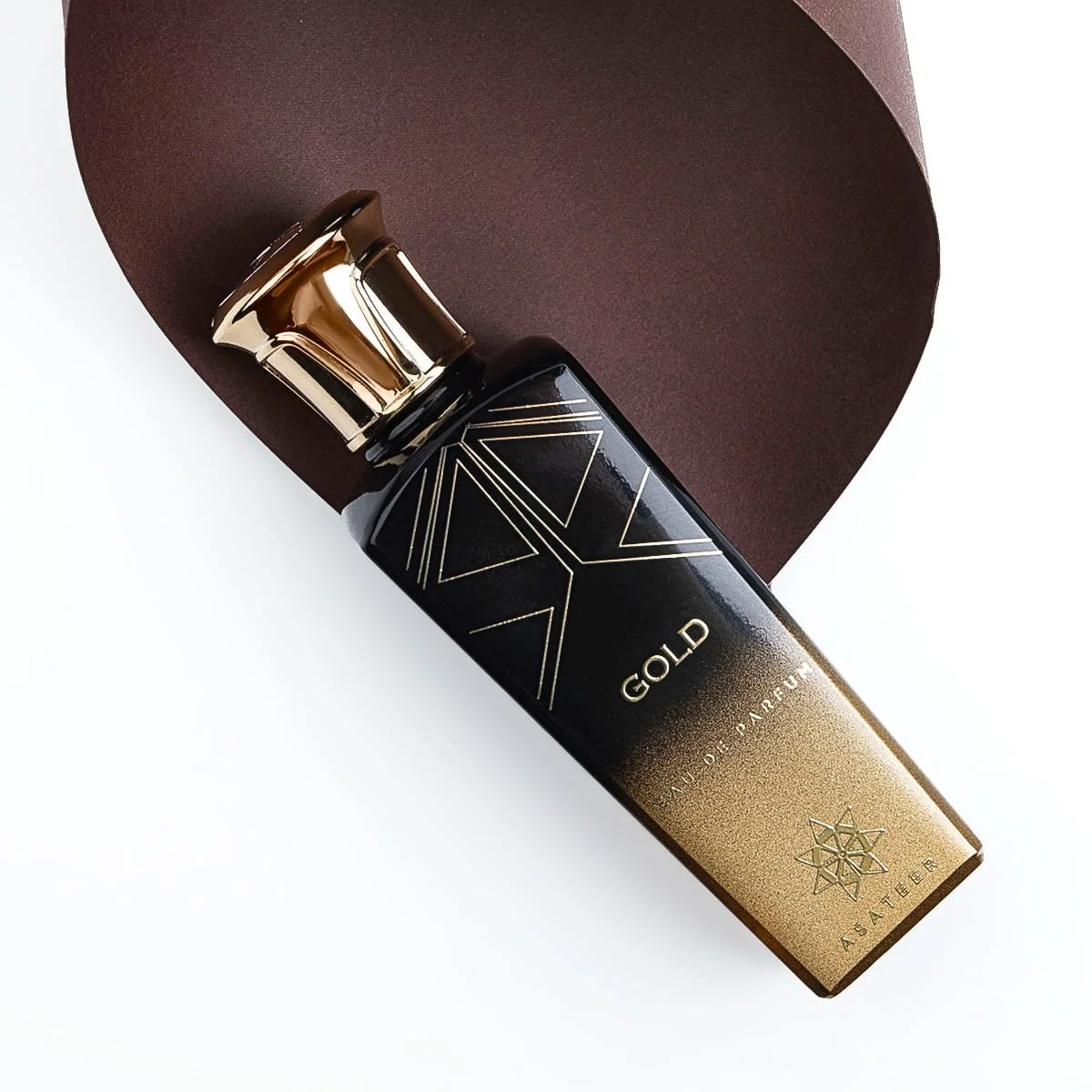 Top view of Asateer Gold Eau De Parfum 80ml luxury fragrance bottle UK