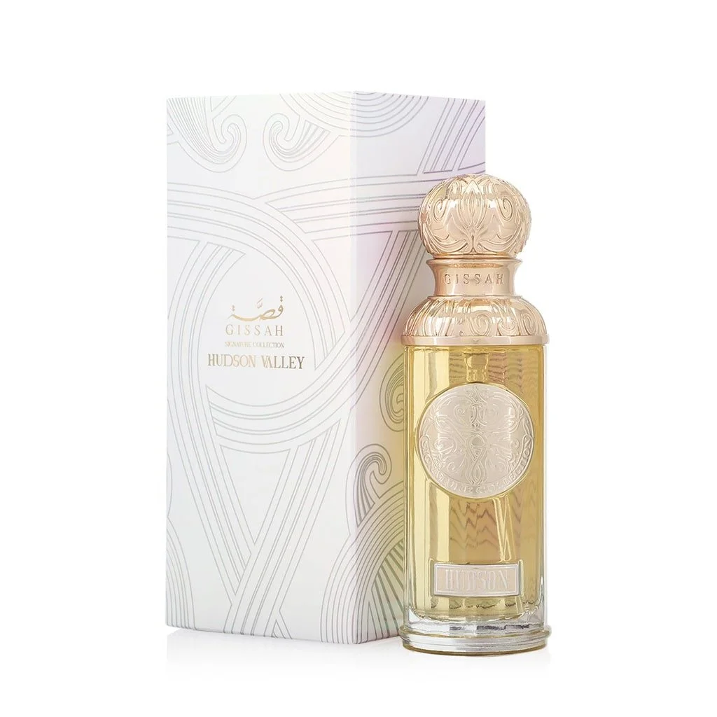 Hudson Valley by Gissah perfume bottle positioned beside its luxury box highlighting packaging and presentation.