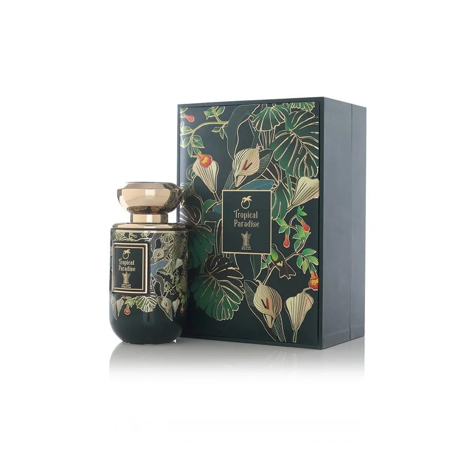 Arabian Oud Tropical Paradise 100ml perfume bottle displayed beside its box