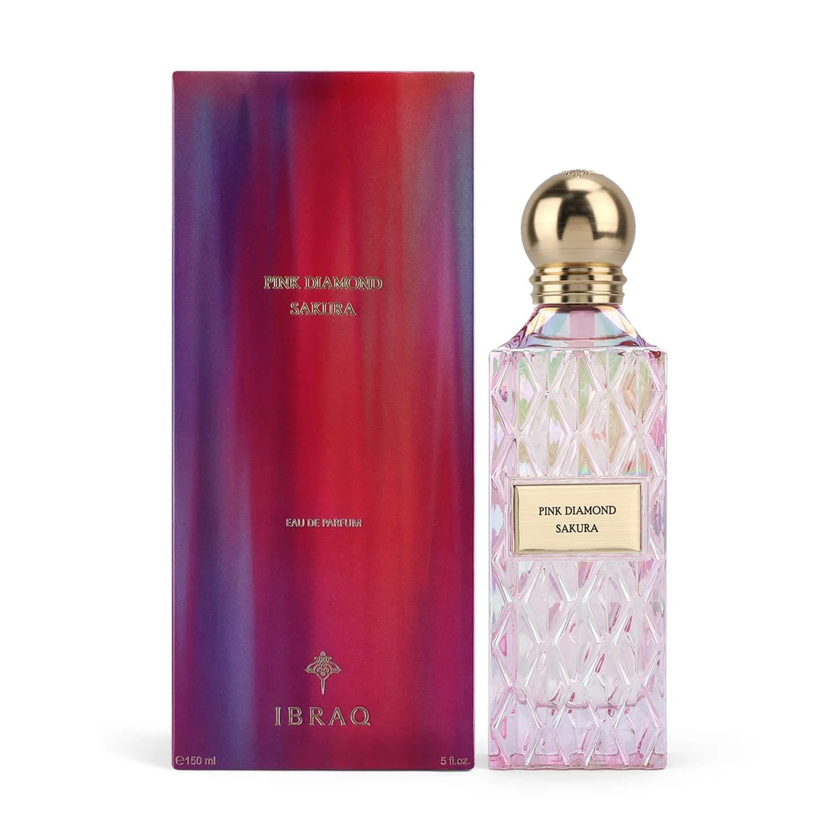 IBRAQ Pink Diamond Sakura perfume 150ml next to box, premium fragrance UK