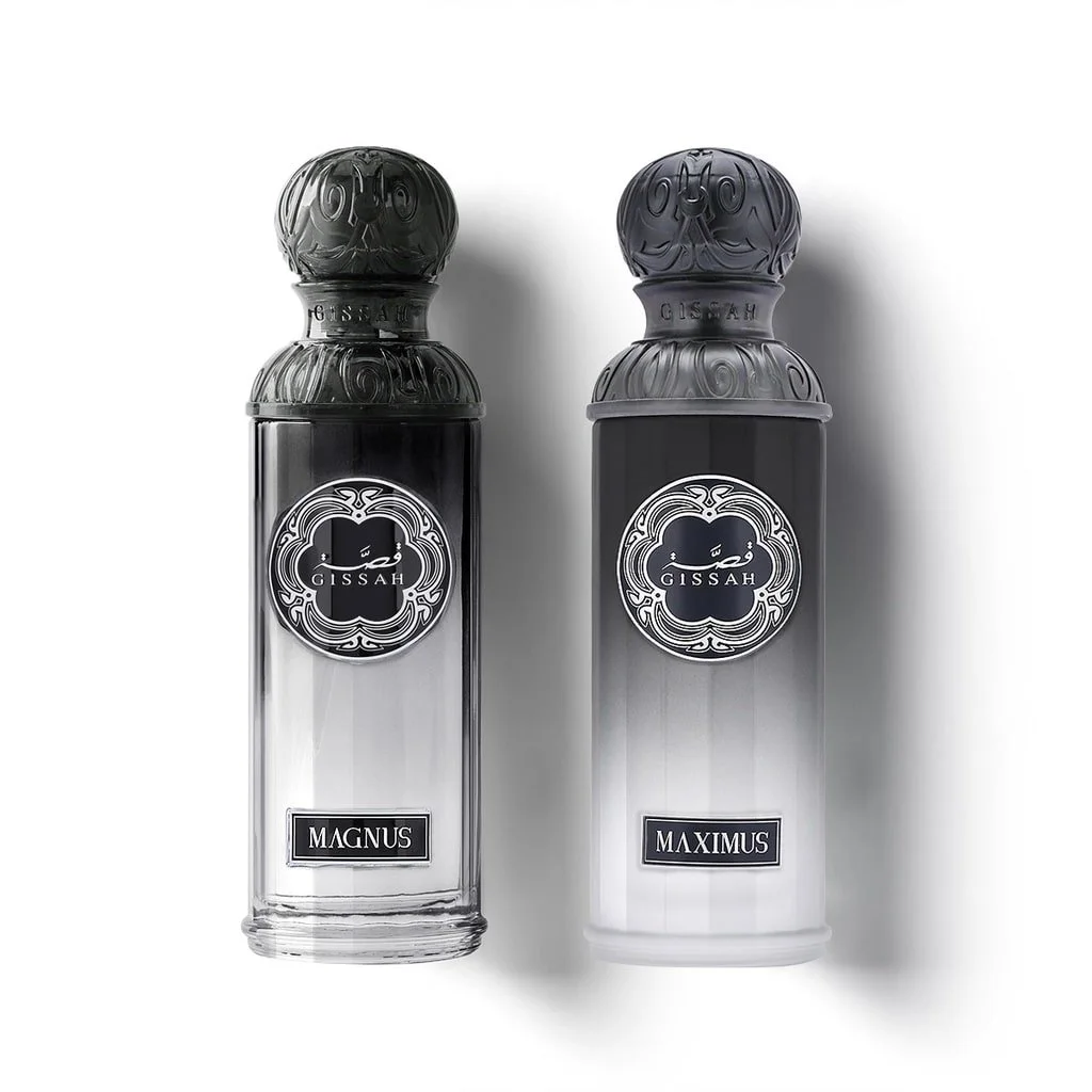Titan Him by Gissah perfumes Maximus and Magnus standing side by side against a white background.