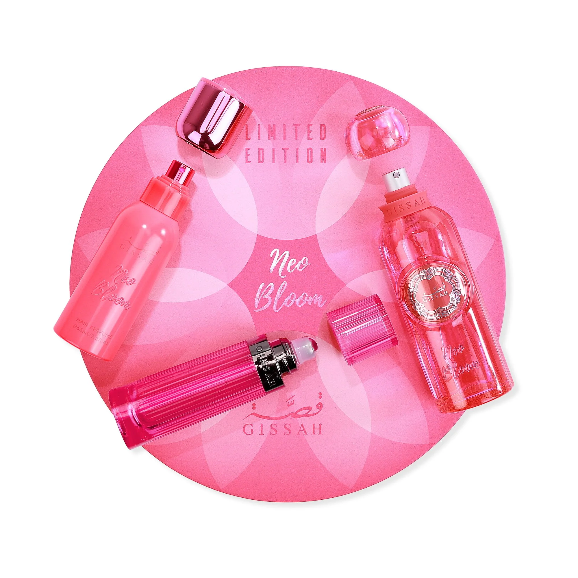 Gissah Neo Bloom perfume, body oil and hair spray displayed on gift box with lids open