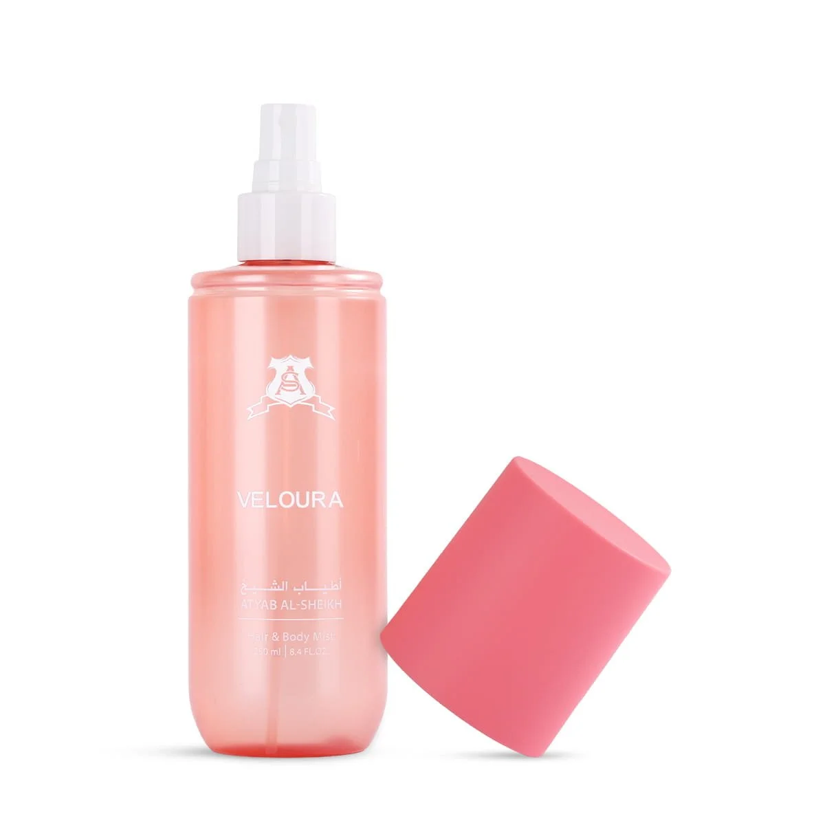 Atyab Al Sheekh Veloura Hair & Body Perfume 250ml with lid open on white background UK