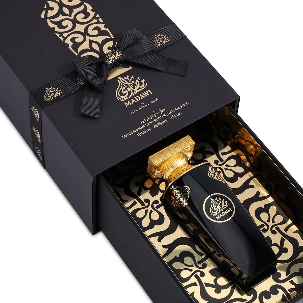 Top view of Arabian Oud Madawi perfume inside open luxury box, premium presentation UK