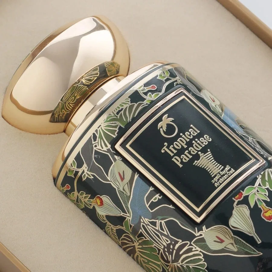 Close-up detail of the Arabian Oud Tropical Paradise 100ml luxury perfume bottle