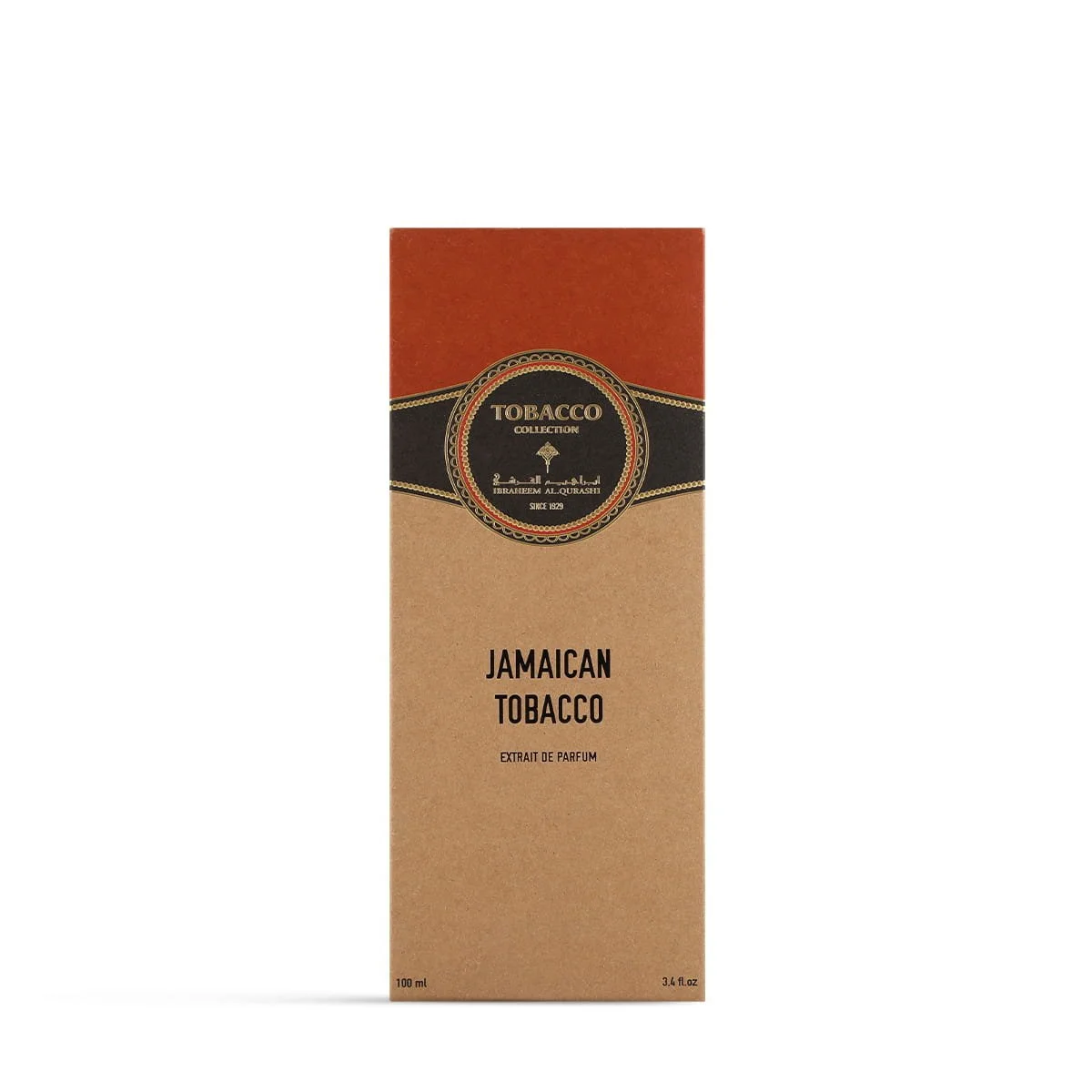 Front view of IBRAQ Jamaican Tobacco perfume box, premium packaging UK
