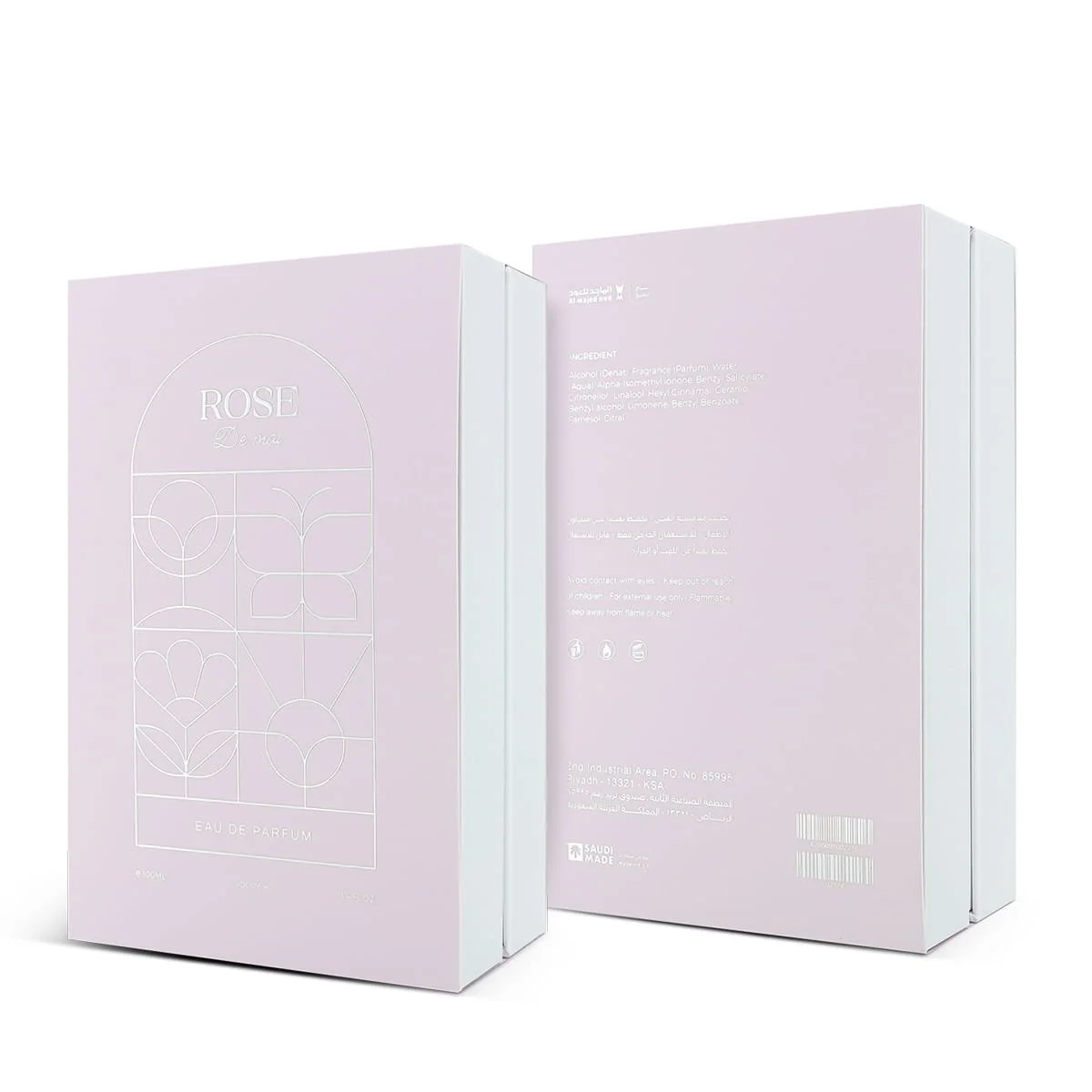 Front and back of Al Majed Oud Rose De Mai perfume box, premium packaging UK