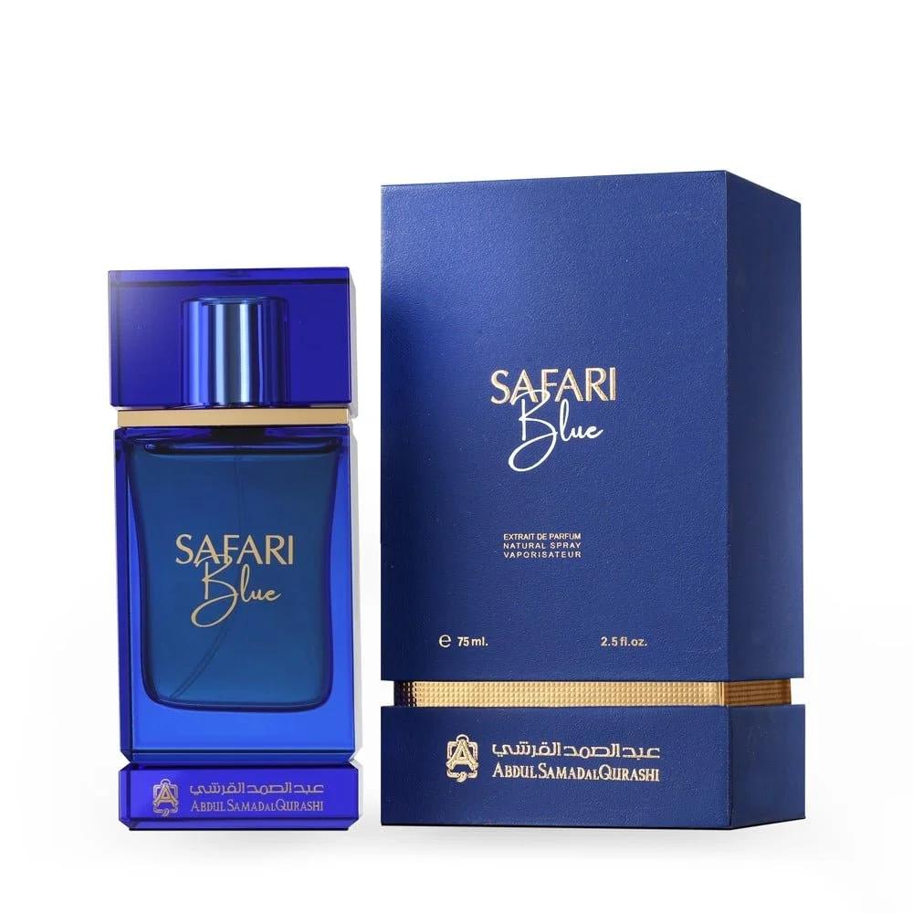 Safari Blue perfume bottle displayed next to box by Abdul Samad Al Qurashi, premium unisex fragrance available at Al Rashid Galleria UK