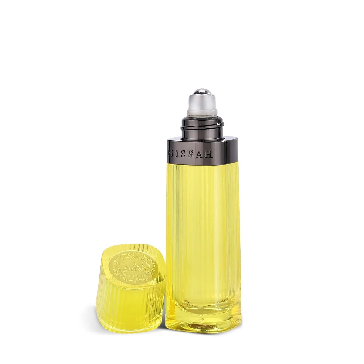 Close-up of Gissah No.4 Pure roll-on perfume with lid open, highlighting precision applicator and elegant compact design