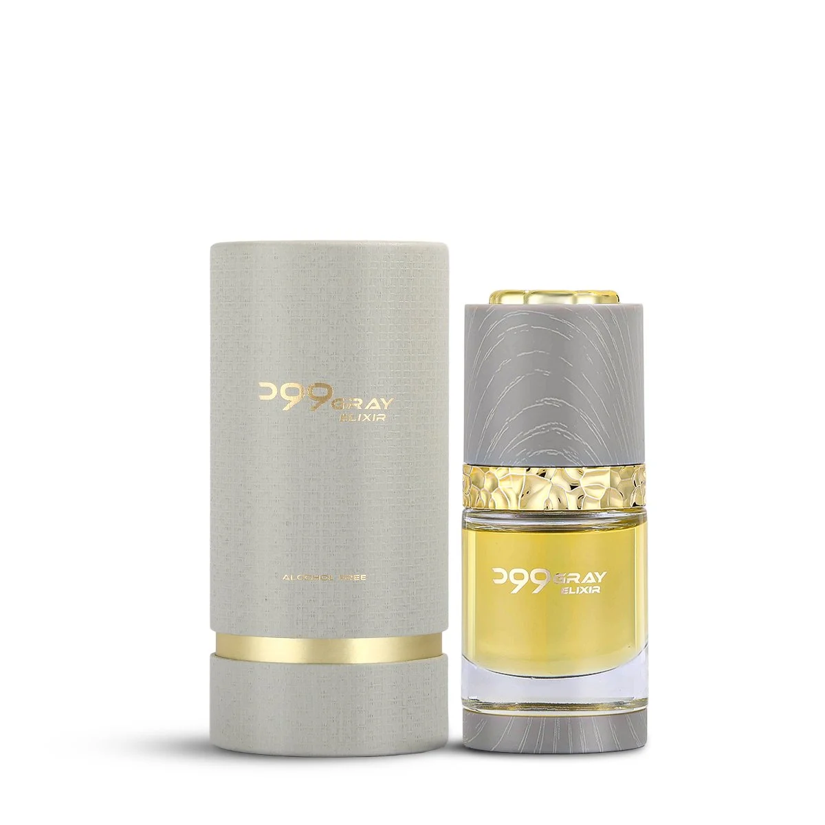 Al Majed Oud Dehn Wood Gray Elixir 15ml next to box, luxury perfume oil UK