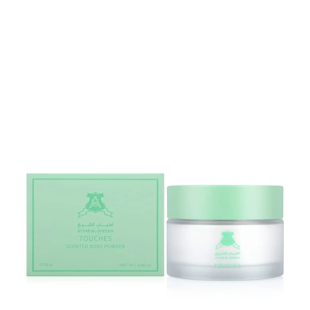 Atyab Al Sheekh Touches Scented Body Powder 125g beside luxury branded box UK