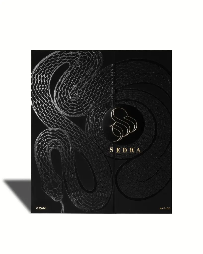 Front view of Sedra Nero Set Box luxury packaging, premium fragrance gift set UK