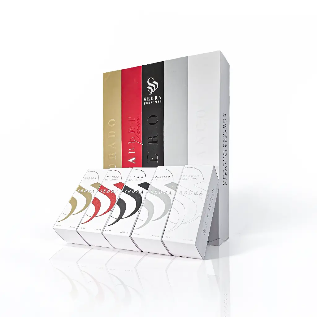 SEDRA Grande Collection fragrance cases displayed in front of luxury box UK