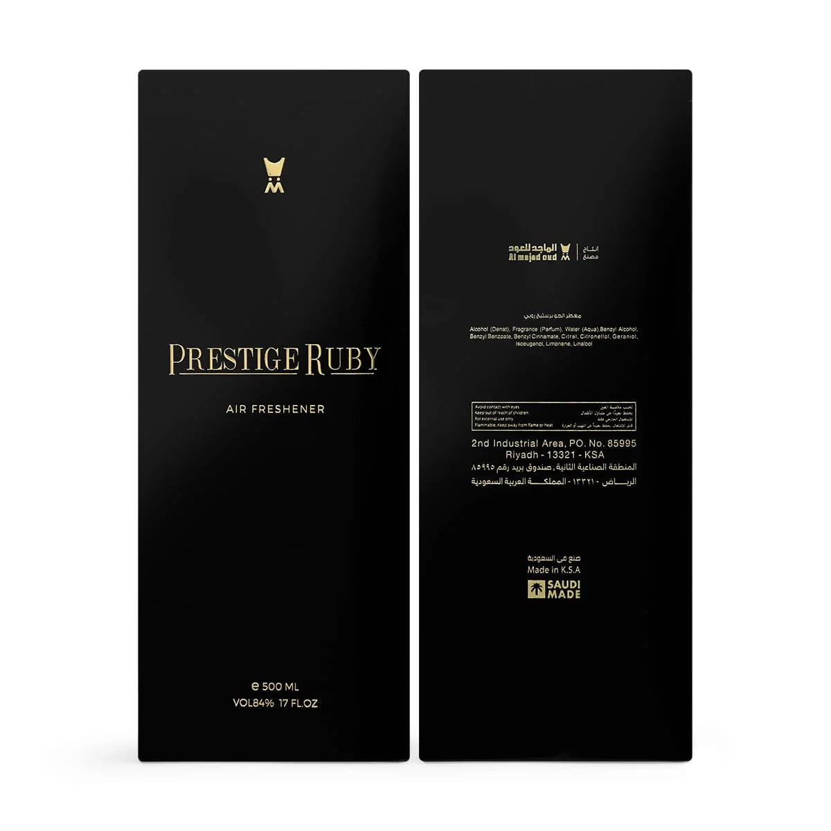 Front and back of Al Majed Oud Prestige Ruby air freshener box in one photo, premium packaging UK