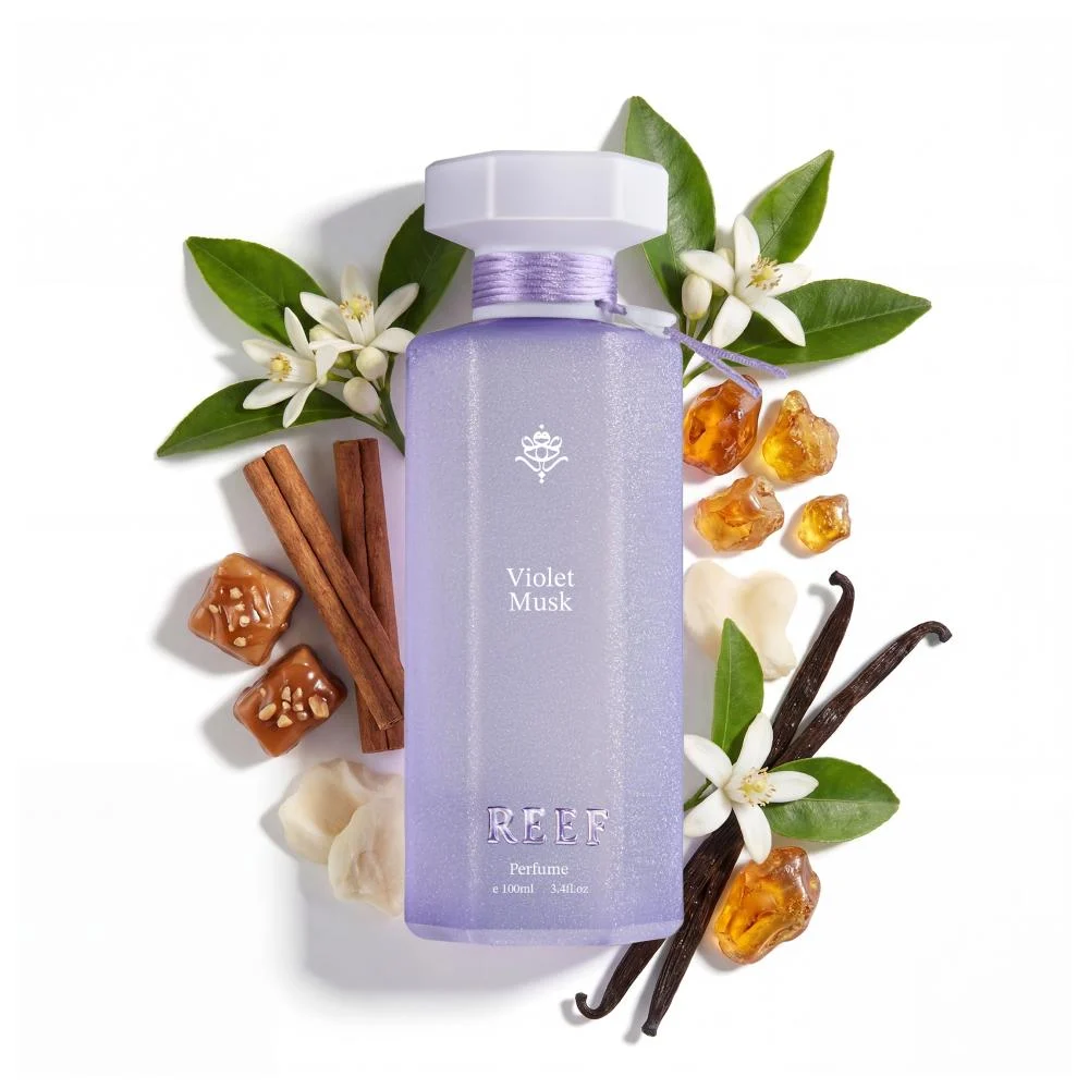 Reef Violet Musk perfume with cashmeran, ambroxan and musk notes, woody musky fragrance UK