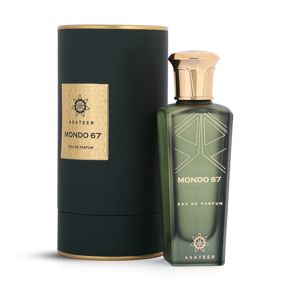 Asateer Mondo 67 Eau De Parfum 80ml next to luxury branded box UK