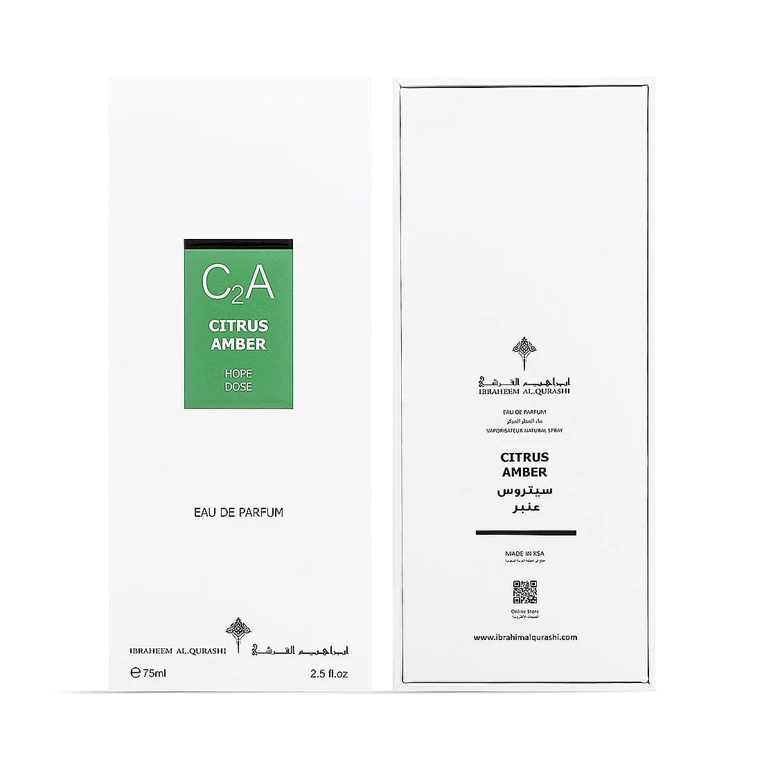 Front and back of IBRAQ Hope Dose Citrus Amber box in one photo, premium packaging UK