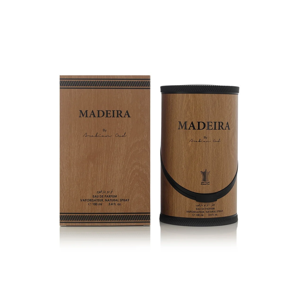 Arabian Oud MADEIRA perfume box displayed next to outer case, luxury packaging UK