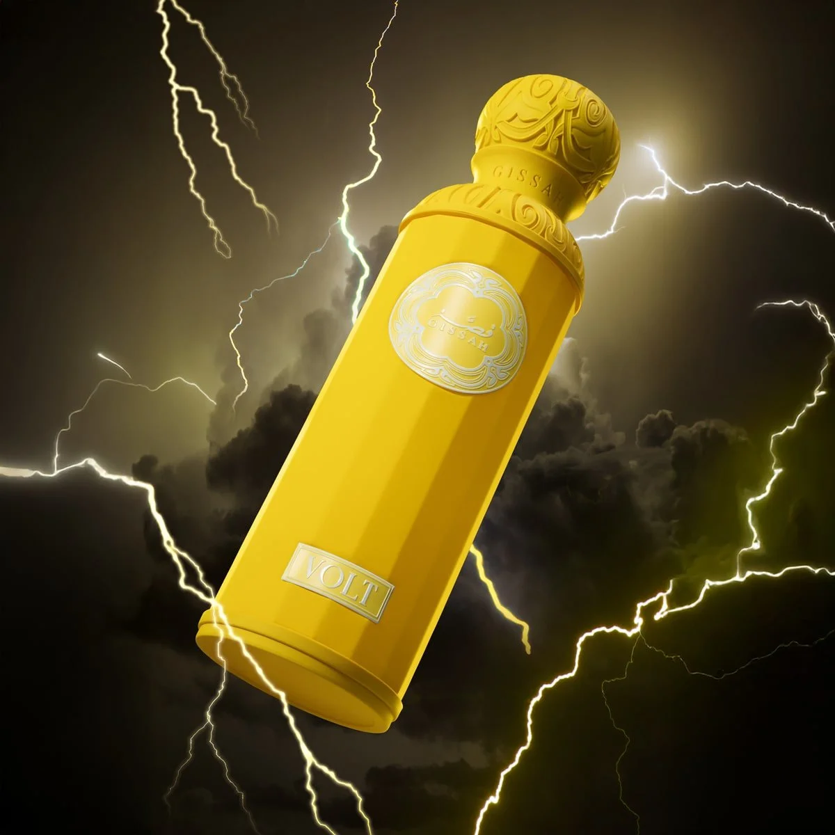 Gissah VOLT perfume angled with clouds and lightning – stunning citrus woody bottle design – unisex fragrance at Al Rashid Galleria UK
