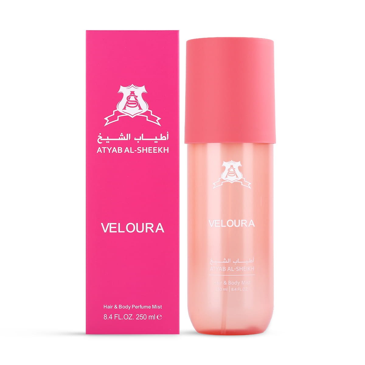 Atyab Al Sheekh Veloura Hair & Body Perfume 250ml next to luxury branded box UK
