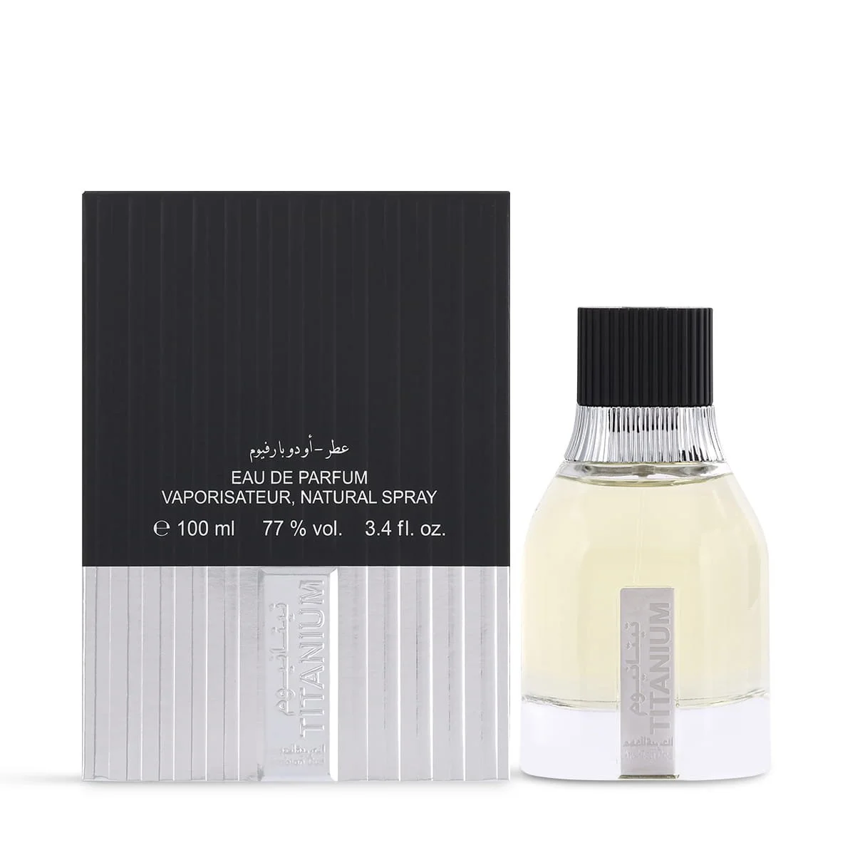 Arabian Oud Titanium Eau De Parfum 100ml next to luxury branded box UK
