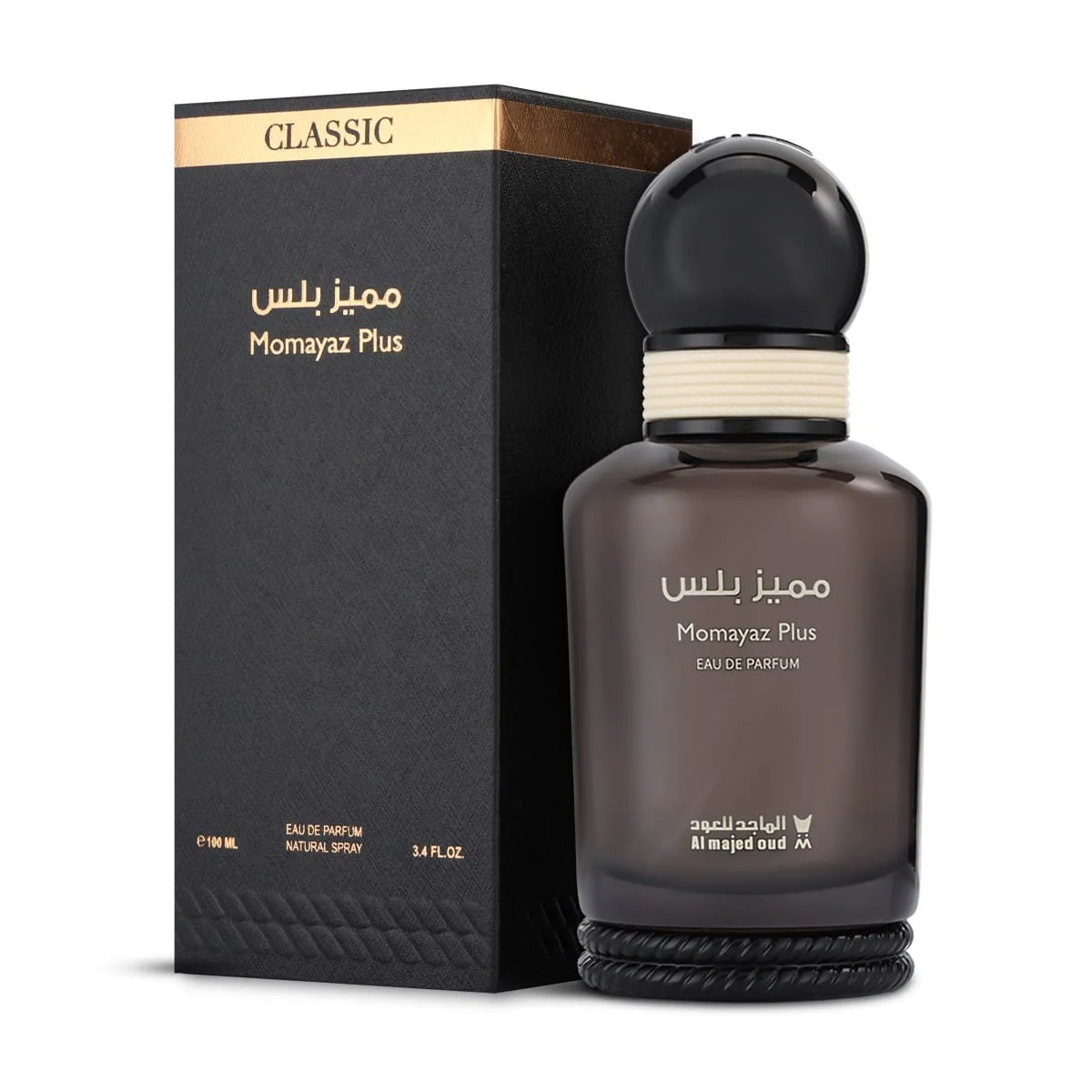 Al Majed Oud Momayaz Plus Classic perfume 100ml next to box, luxury fragrance UK
