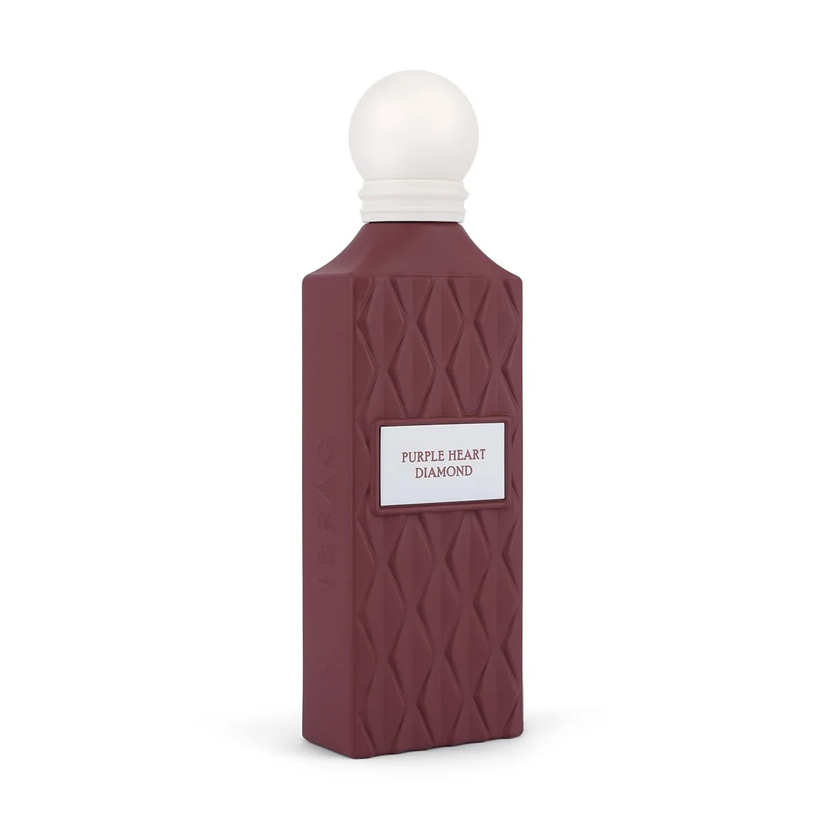 Side angle view of Purple Heart Diamond perfume bottle showcasing elegant curves and gold detailing – Ibraheem Al Qurashi at Al Rashid Galleria UK.