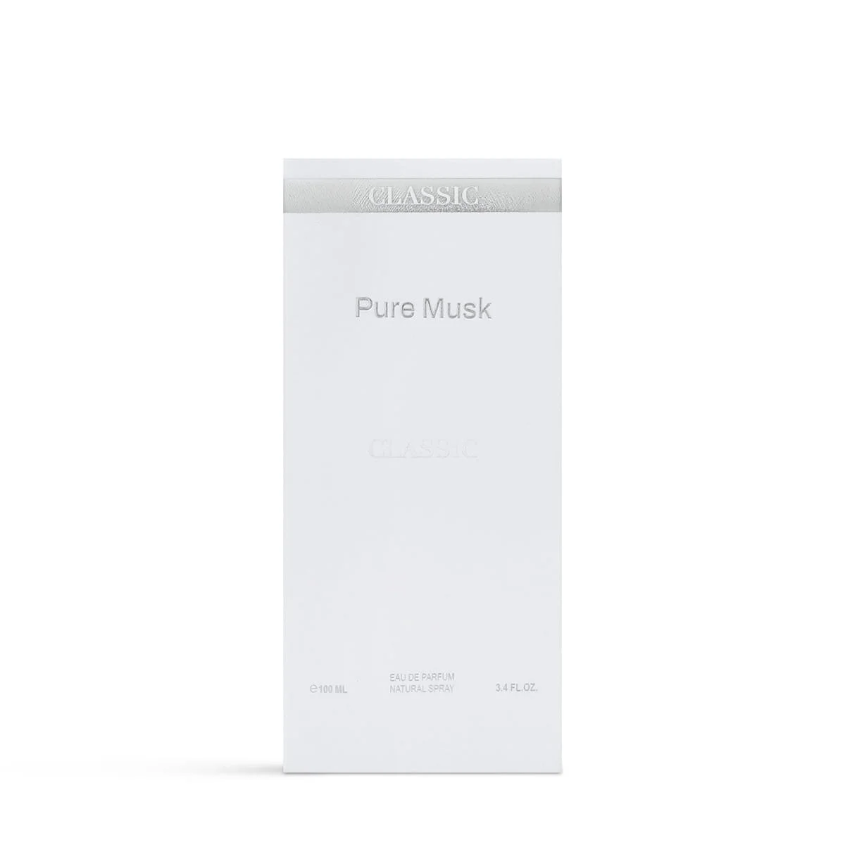 Front view of Al Majed Oud Pure Musk perfume box, luxury packaging UK