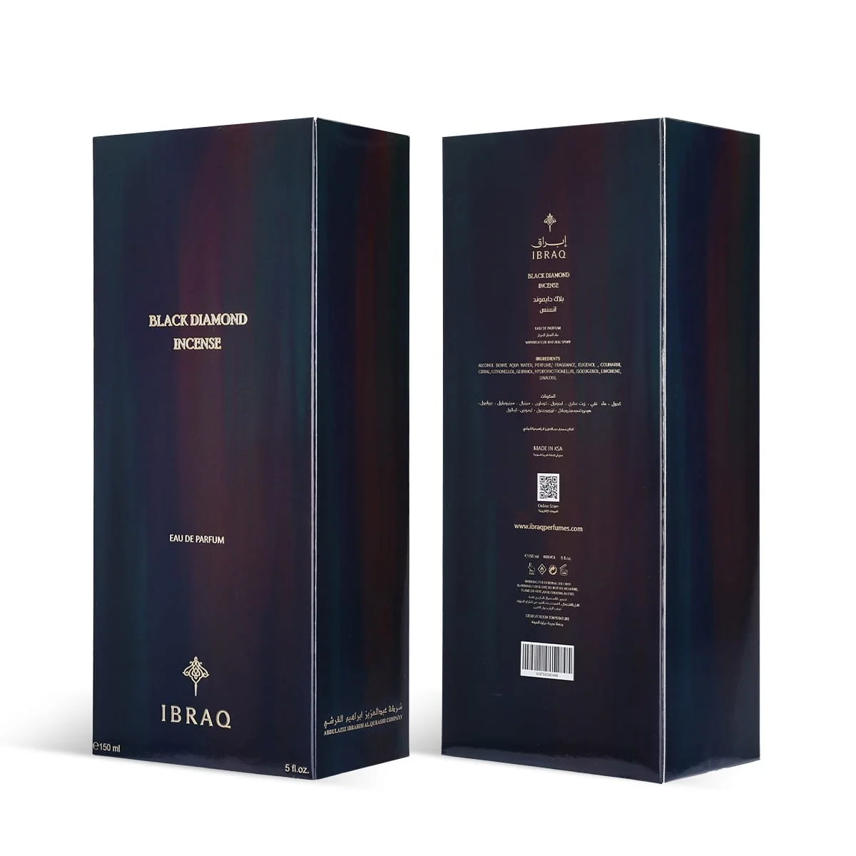 Front and back of IBRAQ Black Diamond Incense box in one photo, luxury packaging UK