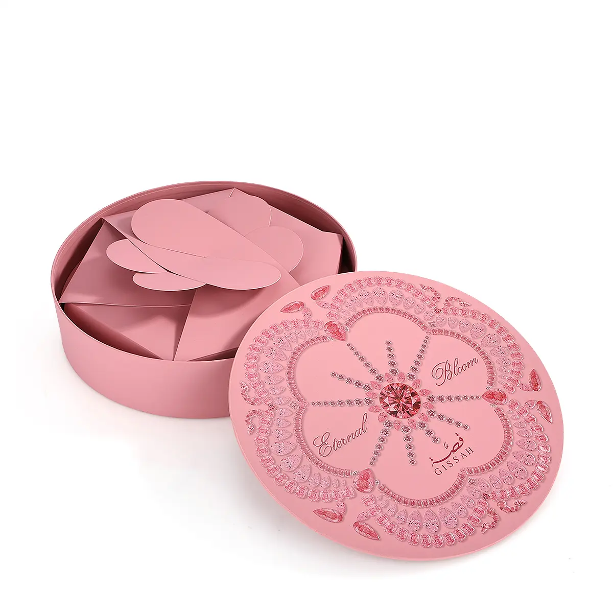 Gissah Eternal Bloom set box opened showing luxurious pink interior, premium Arabian gift set UK