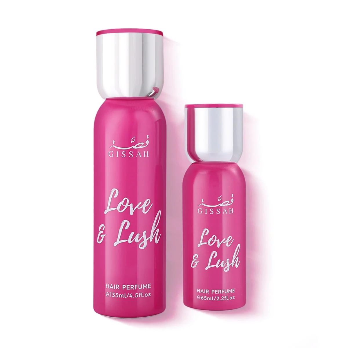 Gissah Love & Lush hair mist set 135ml and 65ml on white background, luxury hair perfume UK