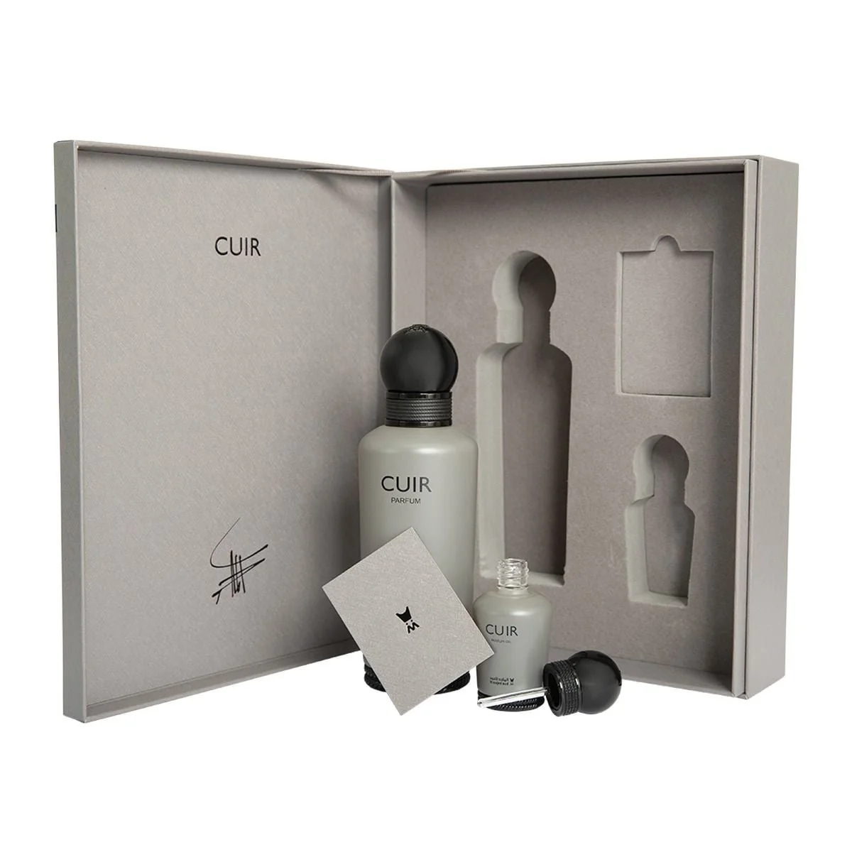 Al Majed Oud Cuir gift set open box with front of box visible, luxury packaging UK