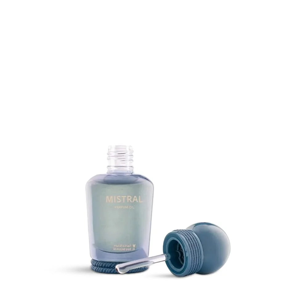 Al Majed Oud Mistral parfum oil 15ml with lid open showing roll-on applicator, luxury attar UK