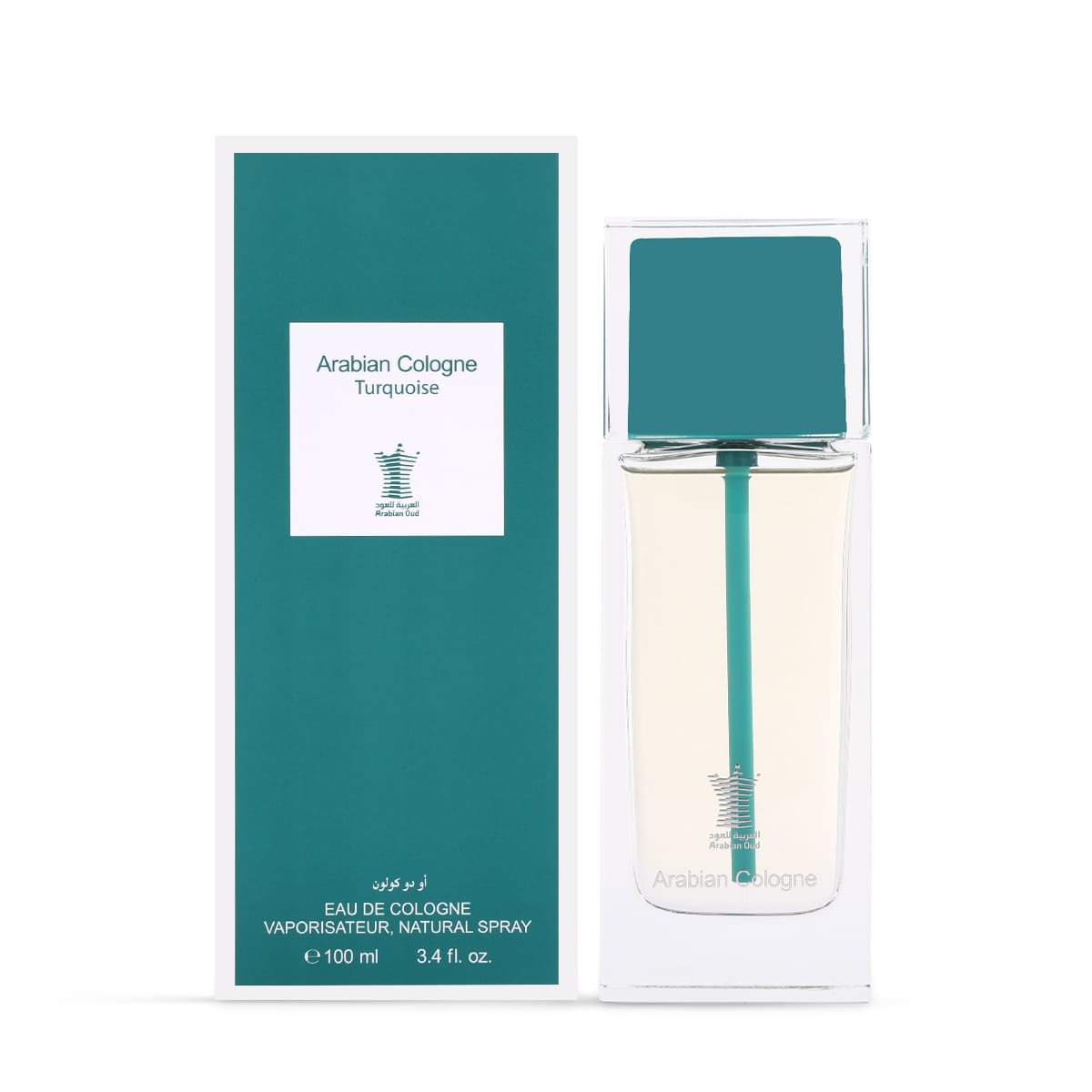 Arabian Oud Arabian Cologne Turquoise Eau De Cologne 100ml next to luxury branded box UK