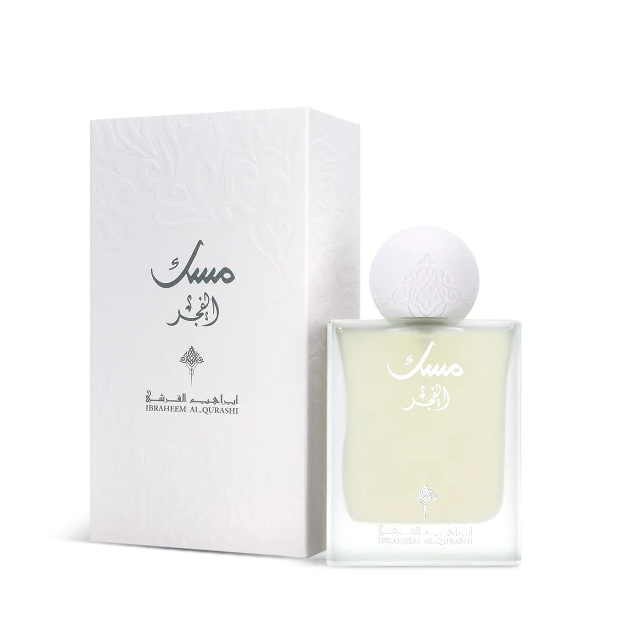 Musk Al-Fajer perfume by Ibraheem Al Qurashi displayed beside its elegant box – Arabian unisex fragrance available at Al Rashid Galleria UK.