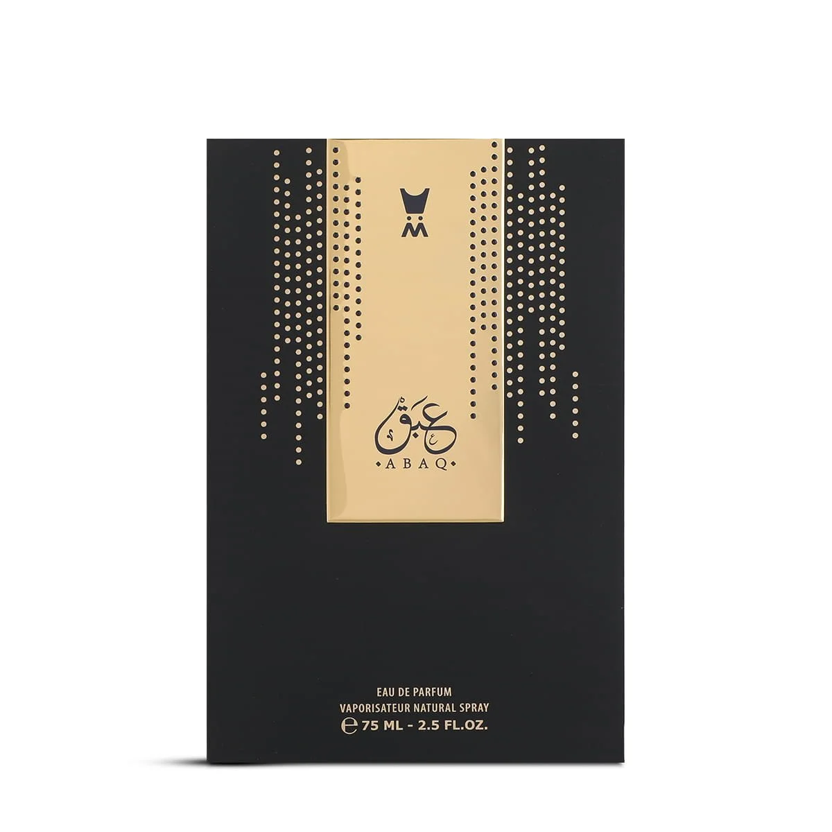 Front view of Al Majed Oud Abaq perfume box, premium packaging UK