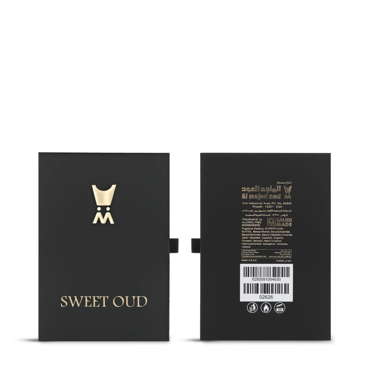 Front and back of Al Majed Oud Sweet Oud Khamriya box in one photo, premium packaging UK