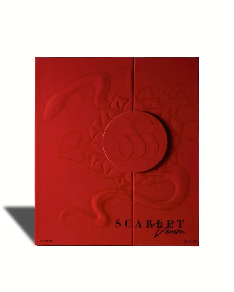Front view of Sedra Scarlet Venom Set Box luxury packaging, premium fragrance gift set UK