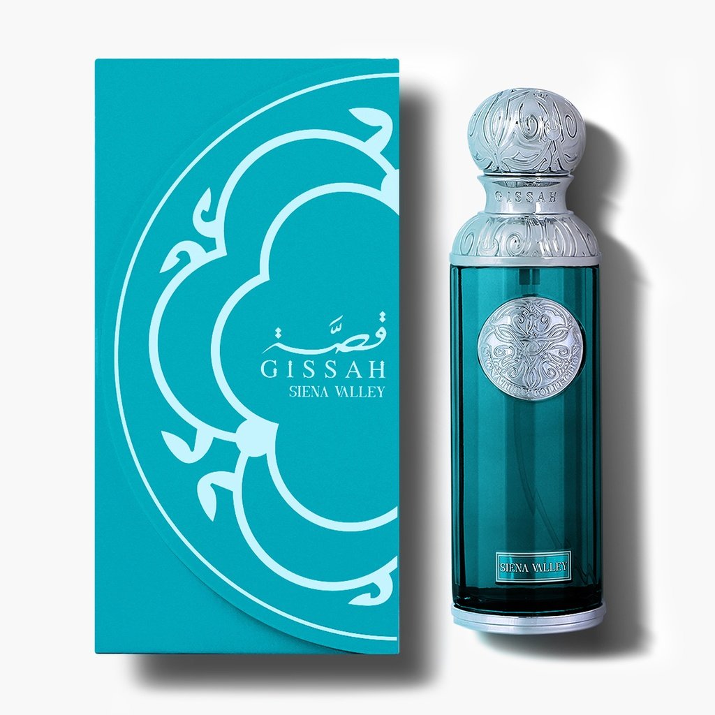Siena Valley perfume bottle beside its elegant blue box – Gissah floral gourmand fragrance - Al Rashid Galleria UK