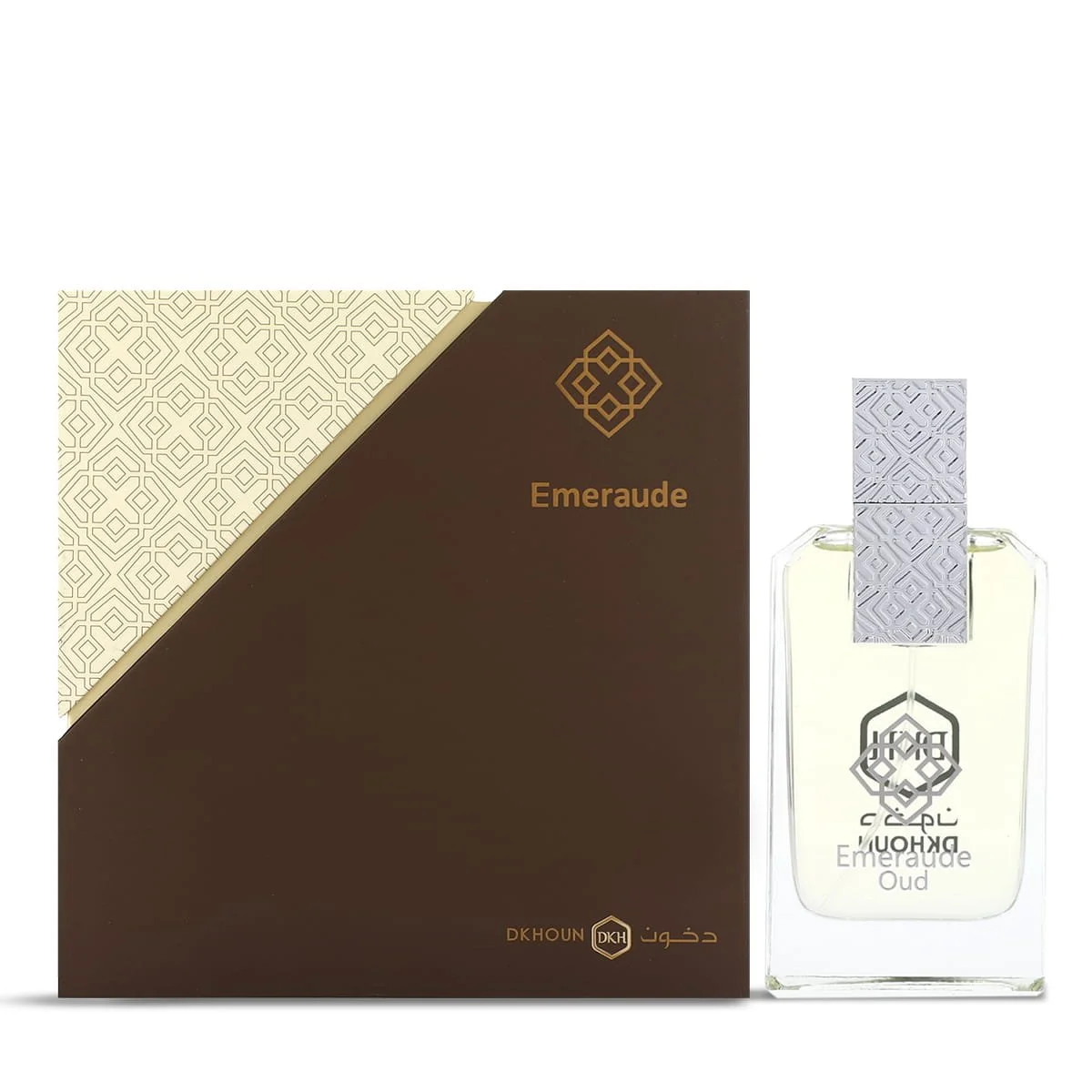Dkhoun Emeraude Oud Eau De Parfum 80ml next to luxury box UK