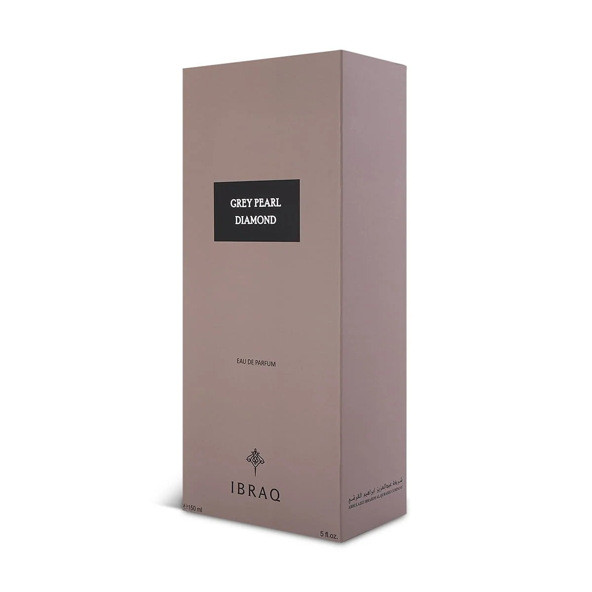 Front view of IBRAQ Grey Pearl Diamond perfume box, luxury packaging UK