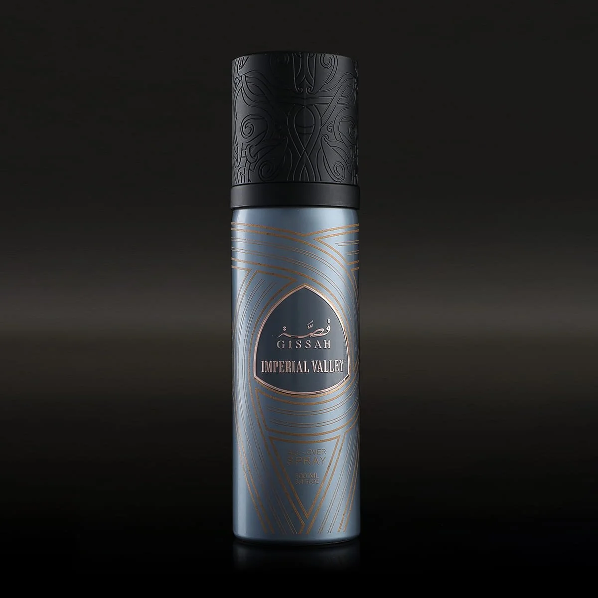 Gissah Imperial Valley All Over Spray 100ml on dark background, luxury woody oriental spicy body spray UK