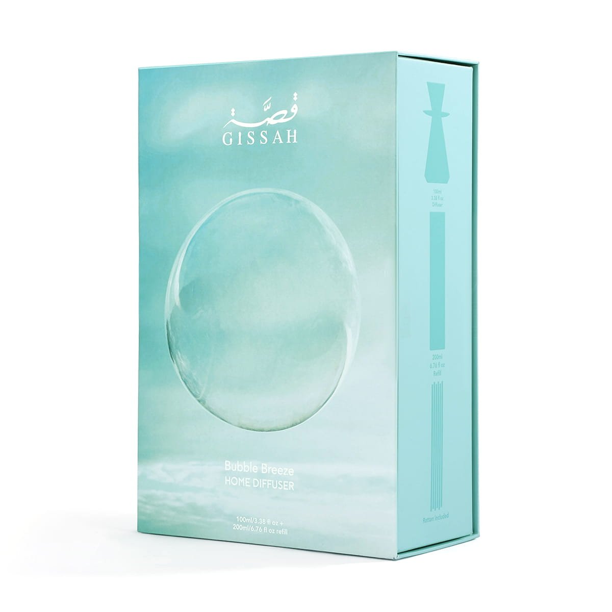 Front view of Gissah Bubble Breeze diffuser box, luxury floral powdery home fragrance UK