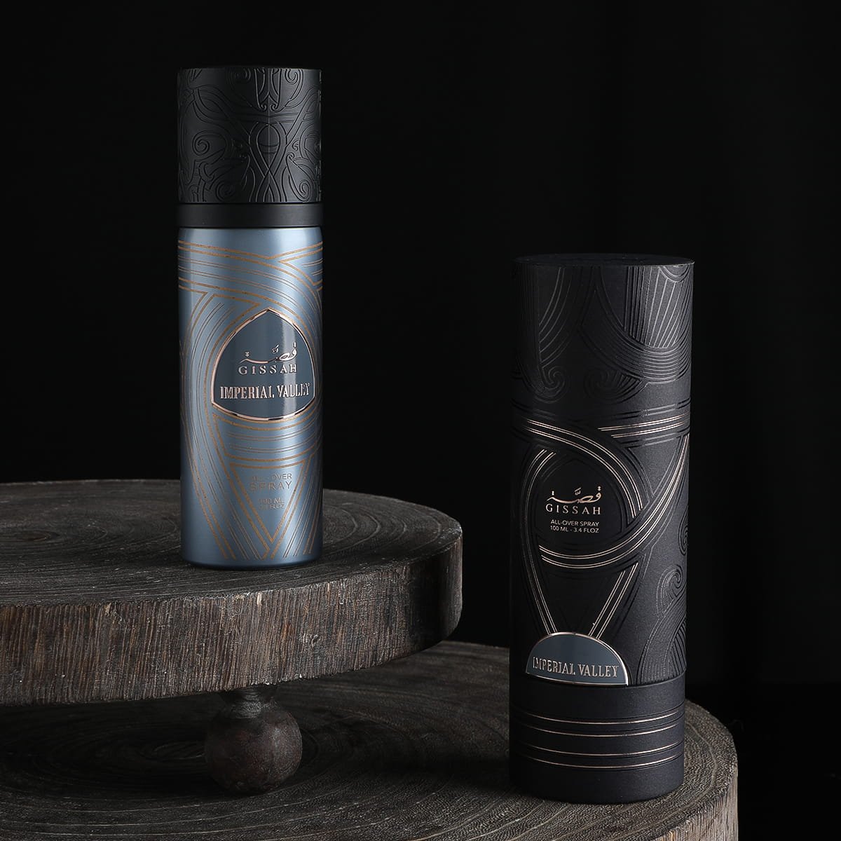 Gissah Imperial Valley All Over Spray 100ml beside luxury branded box on dark background UK