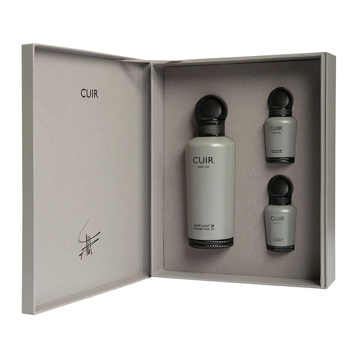 Al Majed Oud Cuir gift set open box angled view showing full collection, premium fragrance set UK